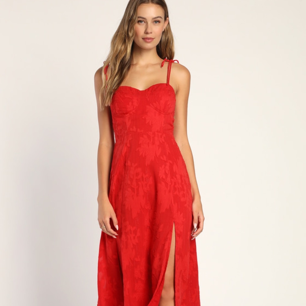 NWT LULUS Loveliest Looks Red Floral Jacquard Tie-Strap Midi Dress